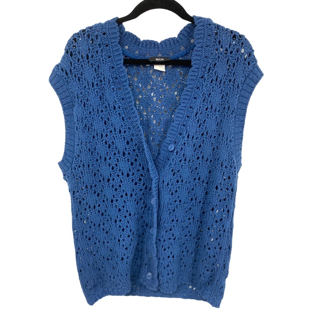 Vintage PASTA Sweater Vest One Size Chunky Knit 1990's Blue Afgan Button